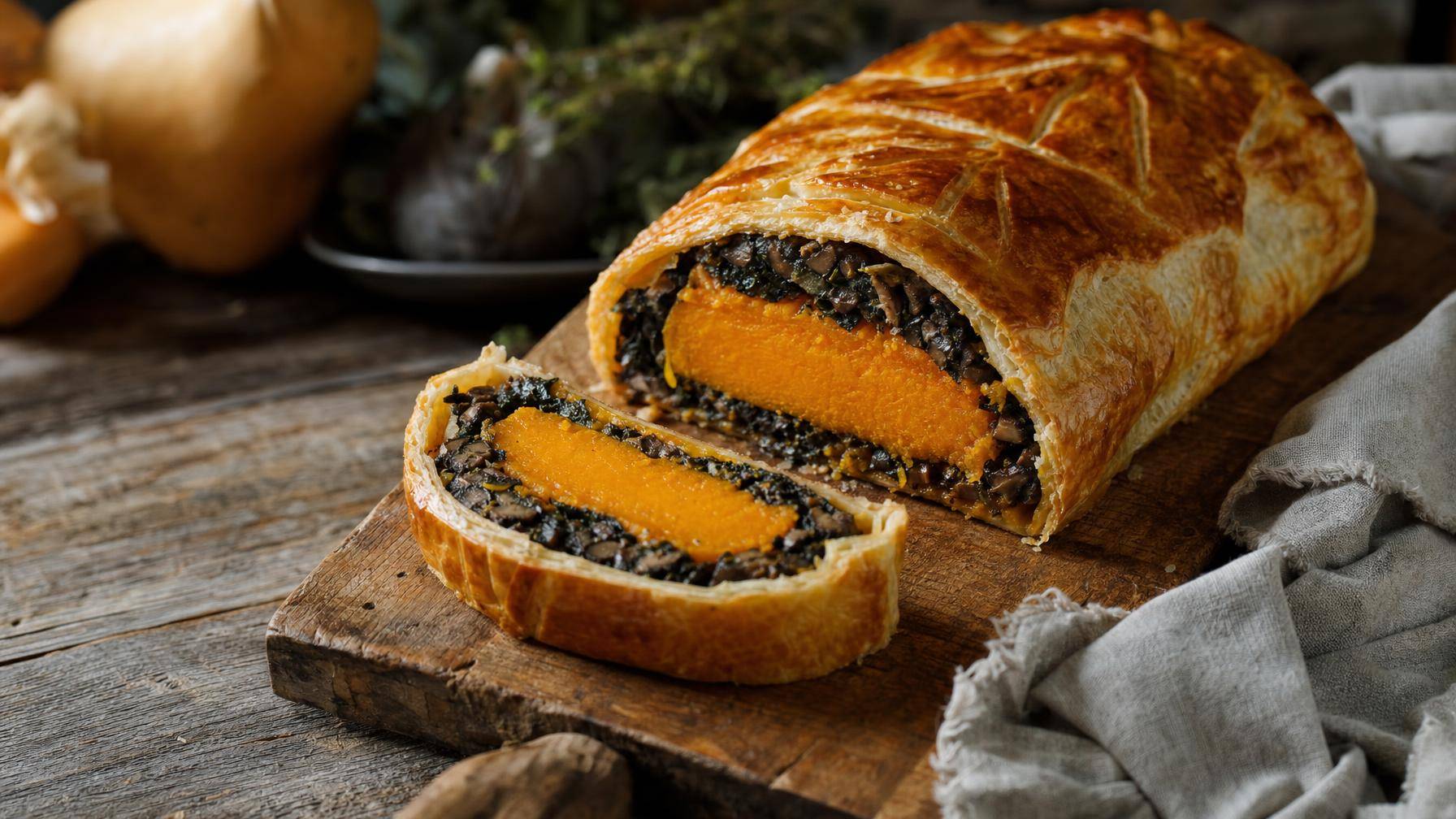 Butternut-Wellington met paddenstoelen, spinazie en geitenkaas