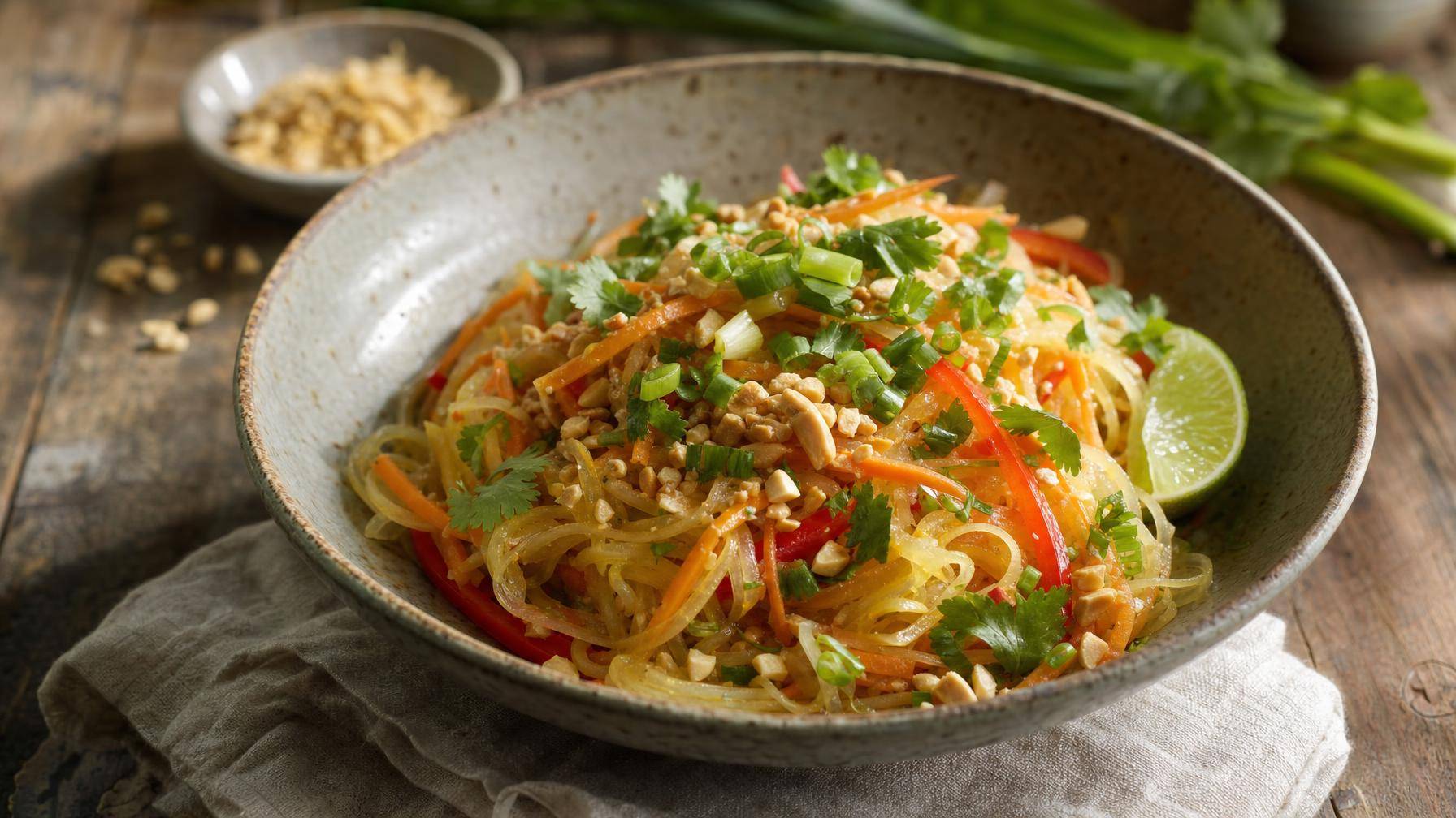 Thaise spaghettipompoen met pindasaus en krokante groenten